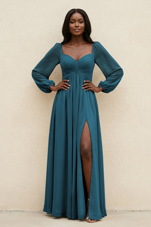 Sweetheart Long Sleeve A - Line Bridesmaid Dress in Dark Teal - SHE IS ME Bridesmaid Dresses