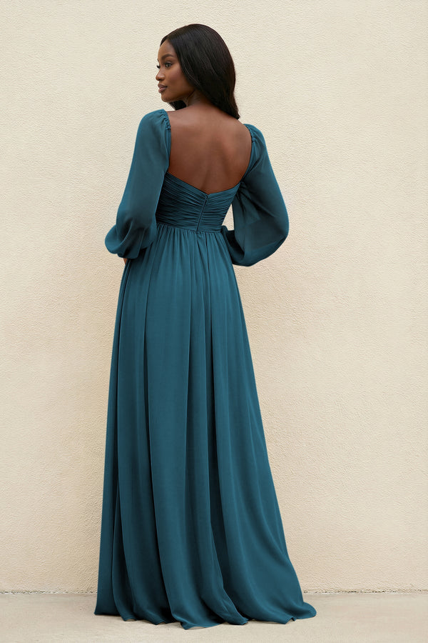 Sweetheart Long Sleeve A - Line Bridesmaid Dress in Dark Teal - SHE IS ME Bridesmaid Dresses
