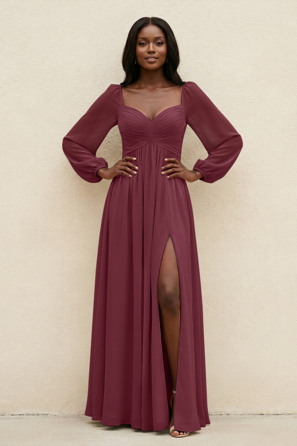 Sweetheart Long Sleeve A-Line Bridesmaid Dress in Desert Rose