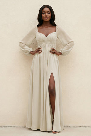 Sweetheart Long Sleeve A - Line Bridesmaid Dress in Dove Gray - SHE IS ME Bridesmaid Dresses