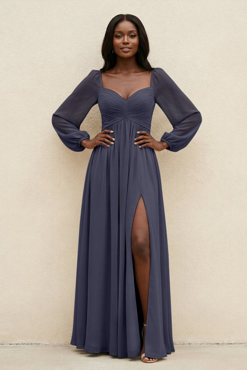 Sweetheart Long Sleeve A - Line Bridesmaid Dress in Dusk Blue - SHE IS ME Bridesmaid Dresses