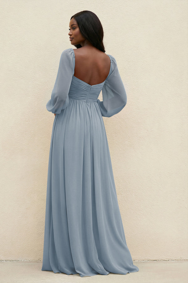 Sweetheart Long Sleeve A-Line Bridesmaid Dress in Dusty Blue (2) | KISSBRIDAL