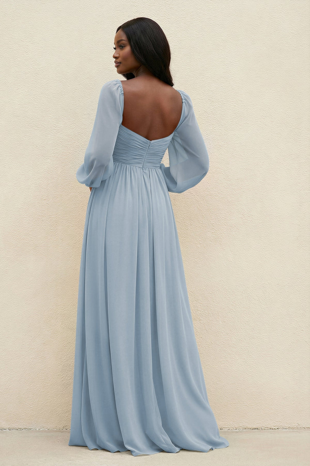 Sweetheart Long Sleeve A - Line Bridesmaid Dress in Dusty Blue - KISS BRIDAL Bridesmaid Dresses