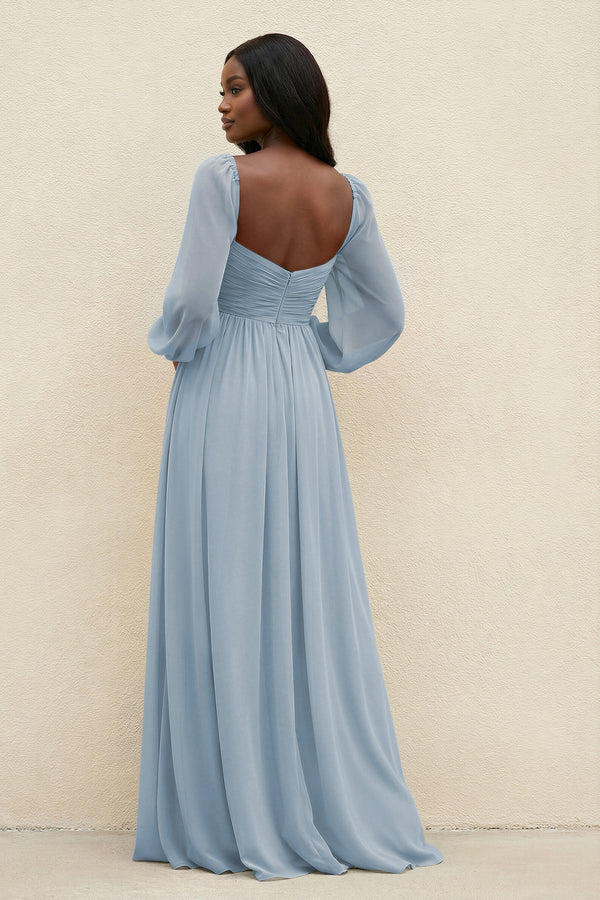 Sweetheart Long Sleeve A - Line Bridesmaid Dress in Dusty Blue - SHE IS ME Bridesmaid Dresses