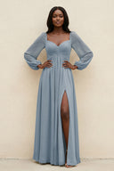 Sweetheart Long Sleeve A-Line Bridesmaid Dress in Dusty Blue | KISSBRIDAL