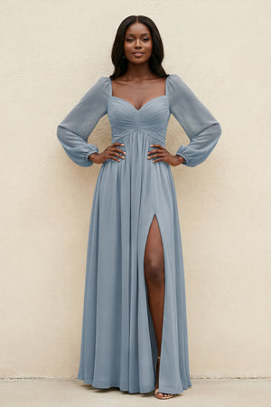 Sweetheart Long Sleeve A-Line Bridesmaid Dress in Dusty Blue | KISSBRIDAL
