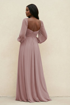 Sweetheart Long Sleeve A-Line Bridesmaid Dress in Dusty Rose (2) | KISSBRIDAL