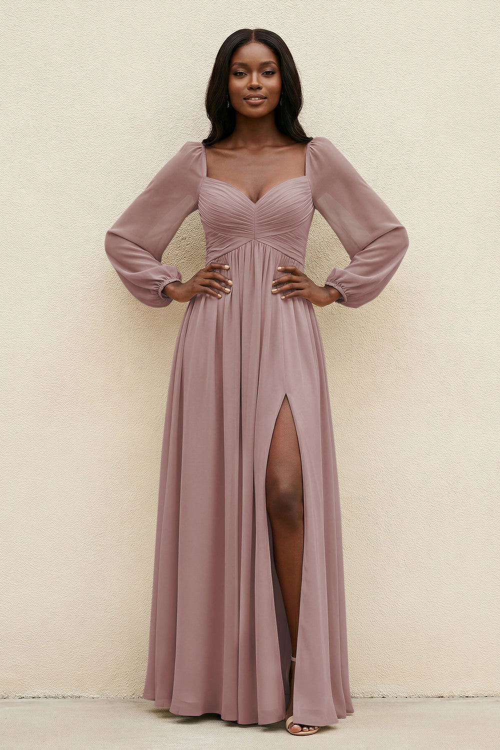 Sweetheart Long Sleeve A-Line Bridesmaid Dress in Dusty Rose