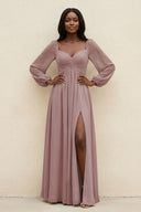 Sweetheart Long Sleeve A-Line Bridesmaid Dress in Dusty Rose | KISSBRIDAL