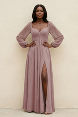 Sweetheart Long Sleeve A-Line Bridesmaid Dress in Dusty Rose | KISSBRIDAL