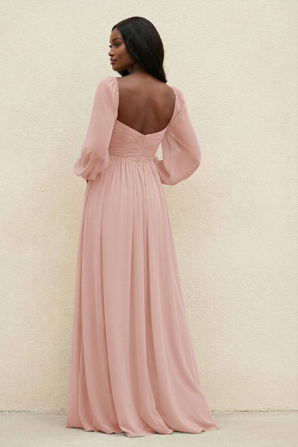 Sweetheart Long Sleeve A-Line Bridesmaid Dress in English Rose (2) | KISSBRIDAL