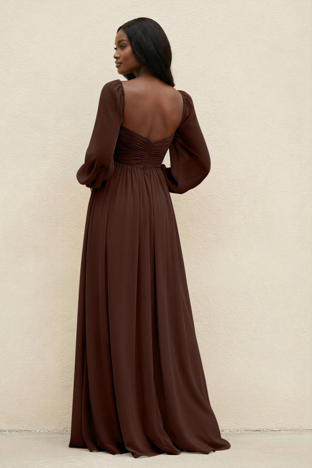 Sweetheart Long Sleeve A - Line Bridesmaid Dress in Espresso - KISS BRIDAL Bridesmaid Dresses