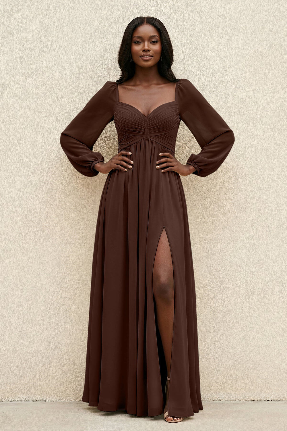 Sweetheart Long Sleeve A - Line Bridesmaid Dress in Espresso - KISS BRIDAL Bridesmaid Dresses
