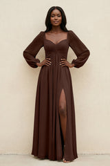 Sweetheart Long Sleeve A - Line Bridesmaid Dress in Espresso - KISS BRIDAL Bridesmaid Dresses