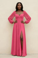 Sweetheart Long Sleeve A - Line Bridesmaid Dress in Fuchsia - SHE IS ME Bridesmaid Dresses