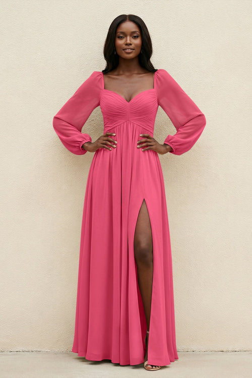 Sweetheart Long Sleeve A - Line Bridesmaid Dress in Fuchsia - SHE IS ME Bridesmaid Dresses