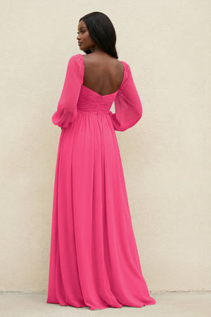 Sweetheart Long Sleeve A-Line Bridesmaid Dress in Fuchsia (2) | KISSBRIDAL