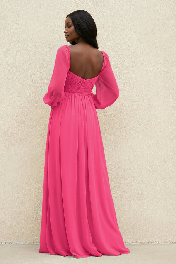 Sweetheart Long Sleeve A-Line Bridesmaid Dress in Fuchsia (2) | KISSBRIDAL