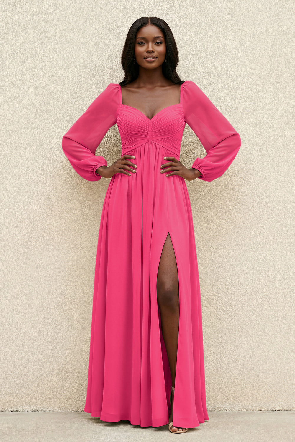 Sweetheart Long Sleeve A-Line Bridesmaid Dress in Fuchsia