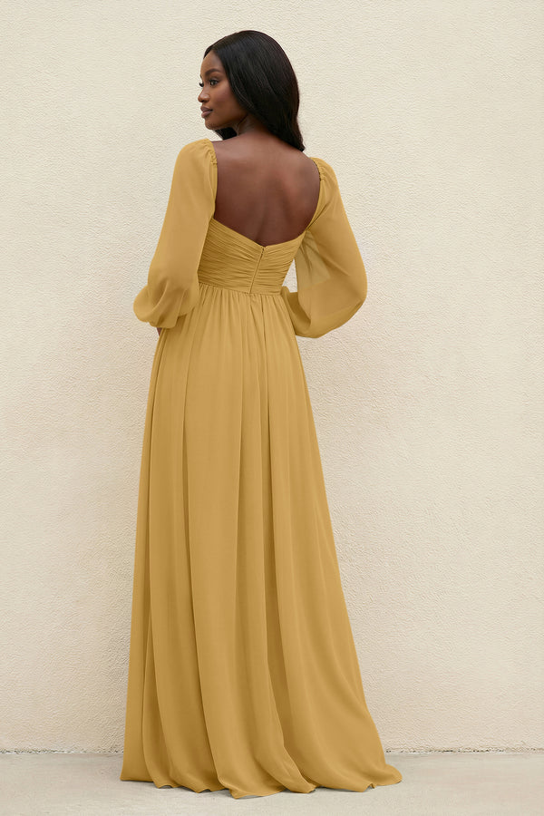 Sweetheart Long Sleeve A-Line Bridesmaid Dress in Marigold (2) | KISSBRIDAL