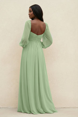 Sweetheart Long Sleeve A-Line Bridesmaid Dress in Matcha (2) | KISSBRIDAL