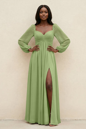 Sweetheart Long Sleeve A - Line Bridesmaid Dress in Matcha - SHE IS ME Bridesmaid Dresses