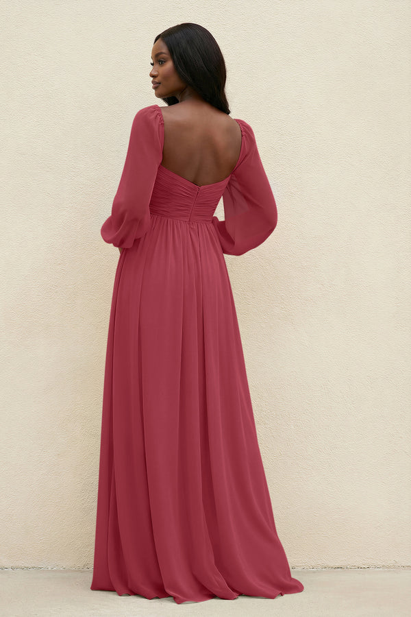 Sweetheart Long Sleeve A-Line Bridesmaid Dress in Merlot (2) | KISSBRIDAL