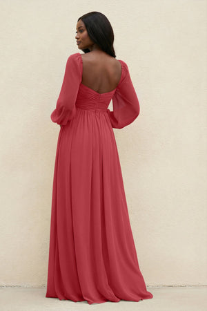 Sweetheart Long Sleeve A - Line Bridesmaid Dress in Merlot - SHE IS ME Bridesmaid Dresses
