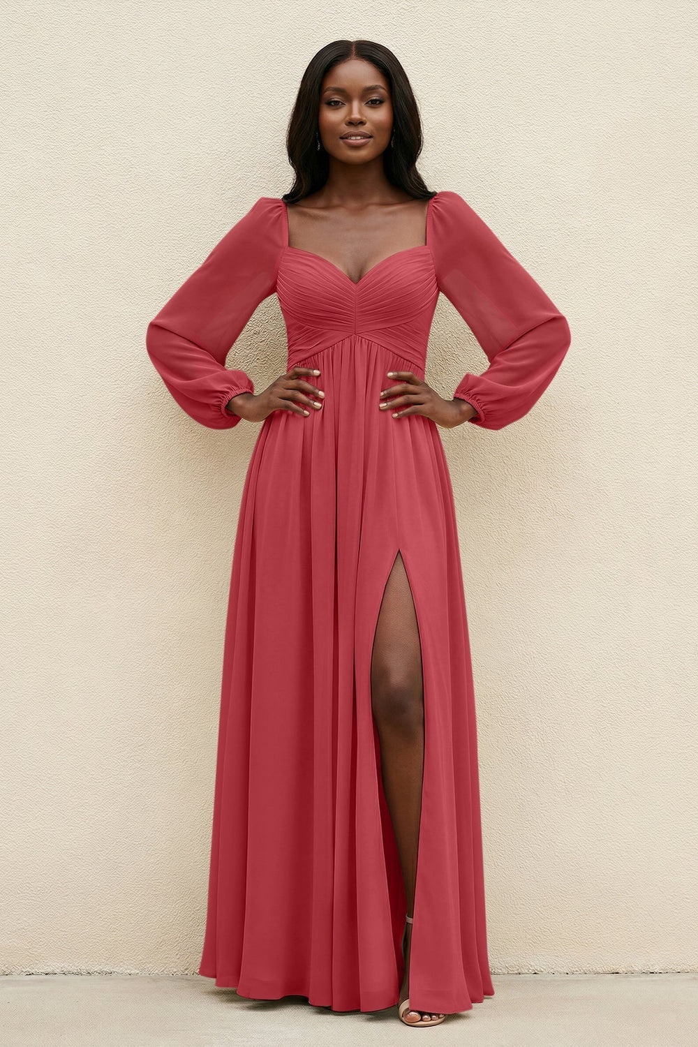 Sweetheart Long Sleeve A - Line Bridesmaid Dress in Merlot - KISS BRIDAL Bridesmaid Dresses