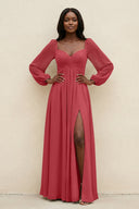 Sweetheart Long Sleeve A - Line Bridesmaid Dress in Merlot - SHE IS ME Bridesmaid Dresses