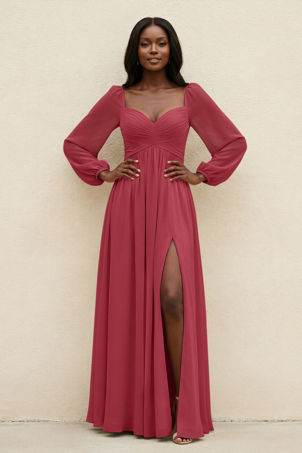 Sweetheart Long Sleeve A-Line Bridesmaid Dress in Merlot