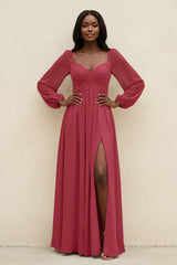 Sweetheart Long Sleeve A-Line Bridesmaid Dress in Merlot | KISSBRIDAL