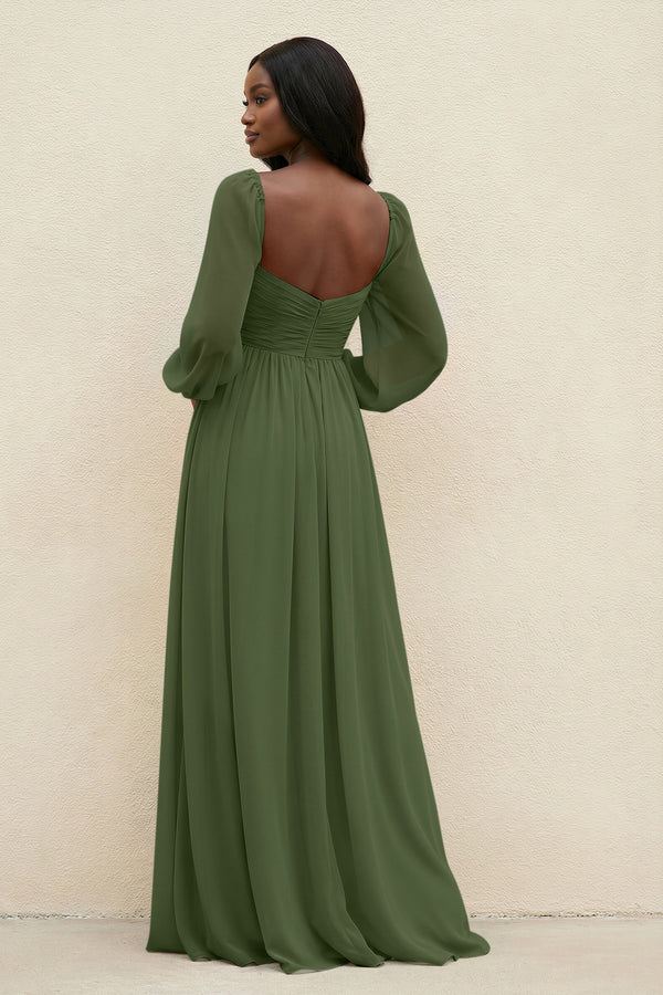 Sweetheart Long Sleeve A-Line Bridesmaid Dress in Moss (2) | KISSBRIDAL