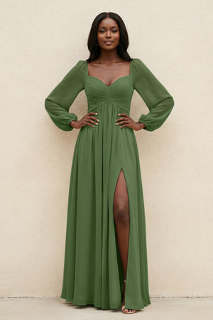 Sweetheart Long Sleeve A - Line Bridesmaid Dress in Moss - SHE IS ME Bridesmaid Dresses