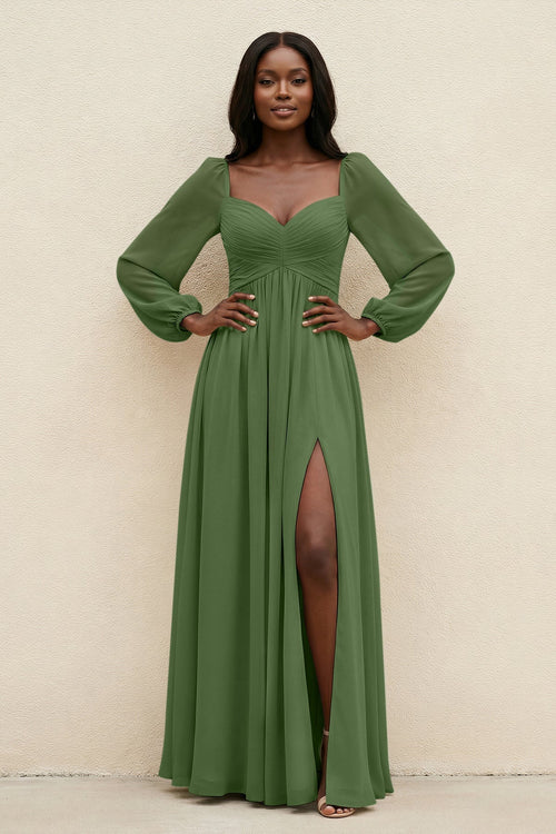 Sweetheart Long Sleeve A - Line Bridesmaid Dress in Moss - SHE IS ME Bridesmaid Dresses
