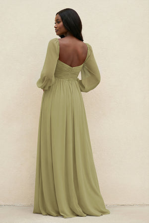 Sweetheart Long Sleeve A-Line Bridesmaid Dress in Moss Green (2) | KISSBRIDAL
