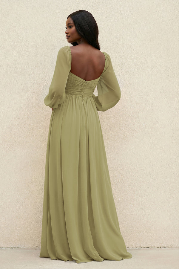 Sweetheart Long Sleeve A-Line Bridesmaid Dress in Moss Green (2) | KISSBRIDAL