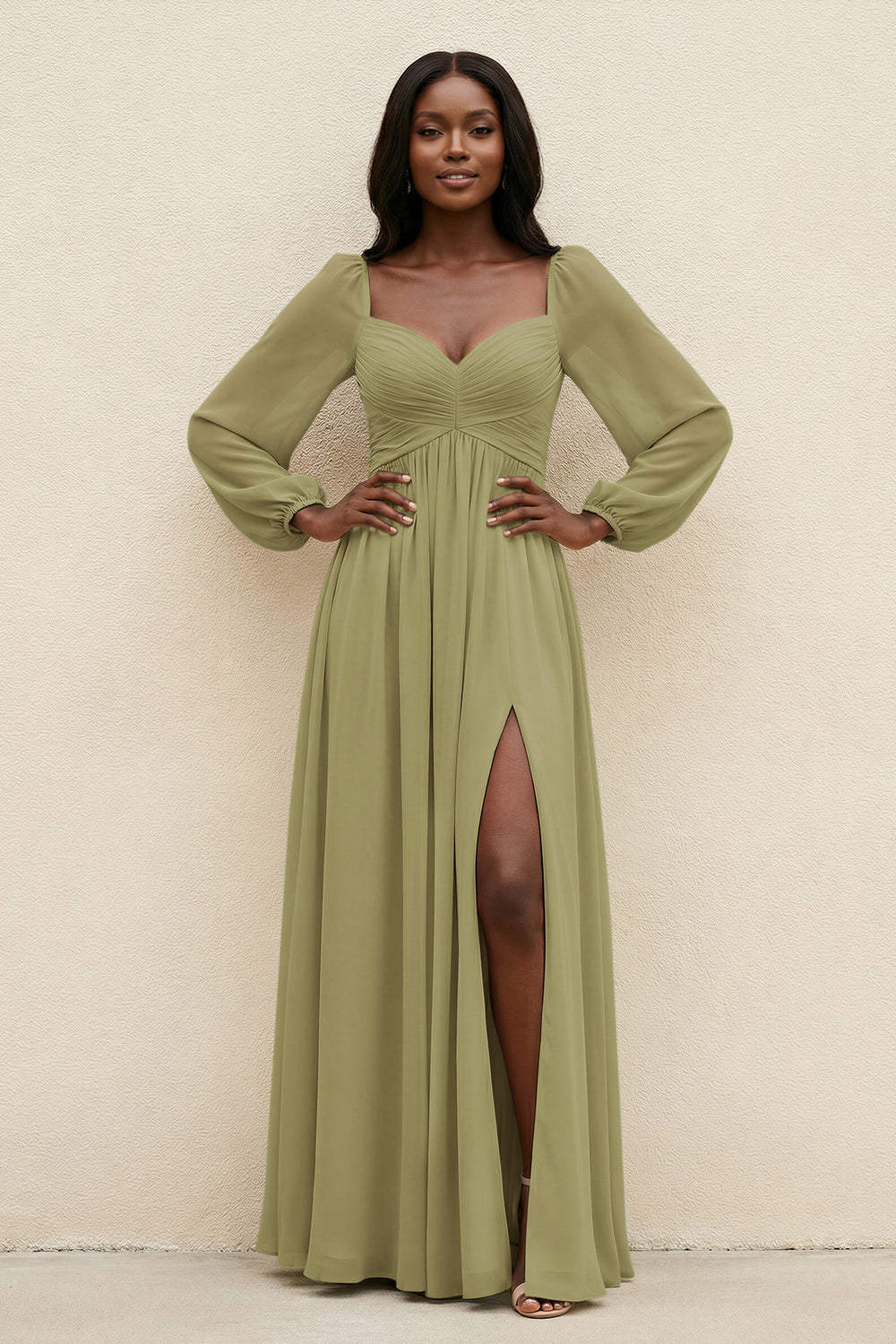 Sweetheart Long Sleeve A-Line Bridesmaid Dress in Moss Green