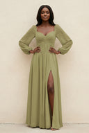 Sweetheart Long Sleeve A-Line Bridesmaid Dress in Moss Green | KISSBRIDAL