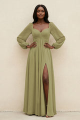 Sweetheart Long Sleeve A-Line Bridesmaid Dress in Moss Green | KISSBRIDAL