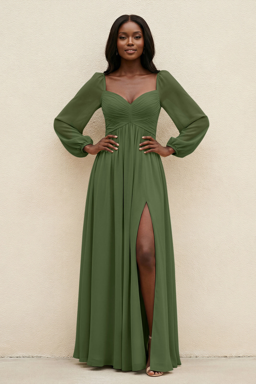 Sweetheart Long Sleeve A-Line Bridesmaid Dress in Moss