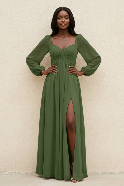 Sweetheart Long Sleeve A-Line Bridesmaid Dress in Moss | KISSBRIDAL