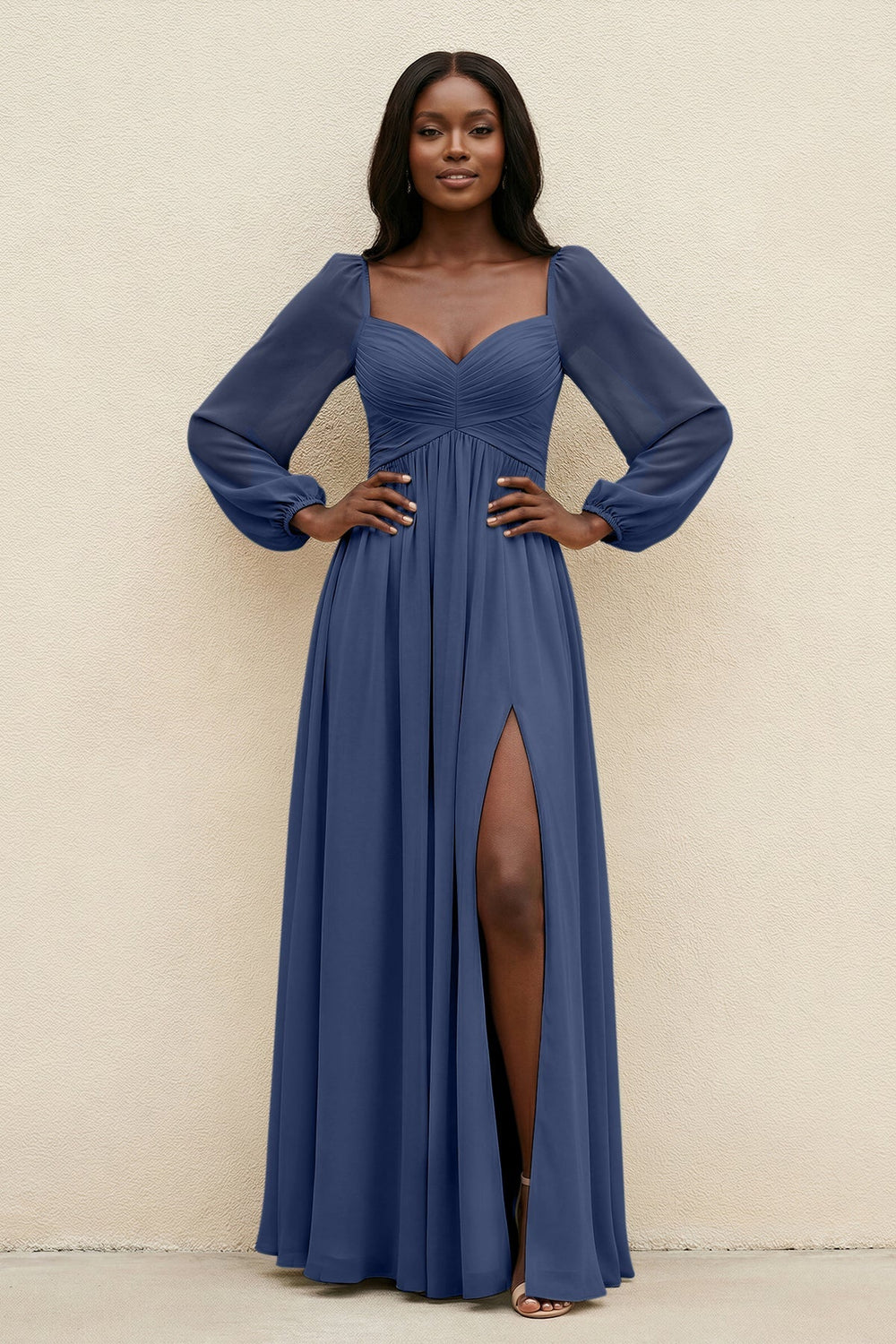 Sweetheart Long Sleeve A - Line Bridesmaid Dress in Navy - KISS BRIDAL Bridesmaid Dresses