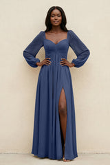 Sweetheart Long Sleeve A - Line Bridesmaid Dress in Navy - KISS BRIDAL Bridesmaid Dresses