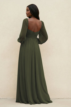 Sweetheart Long Sleeve A-Line Bridesmaid Dress in Olive (2) | KISSBRIDAL