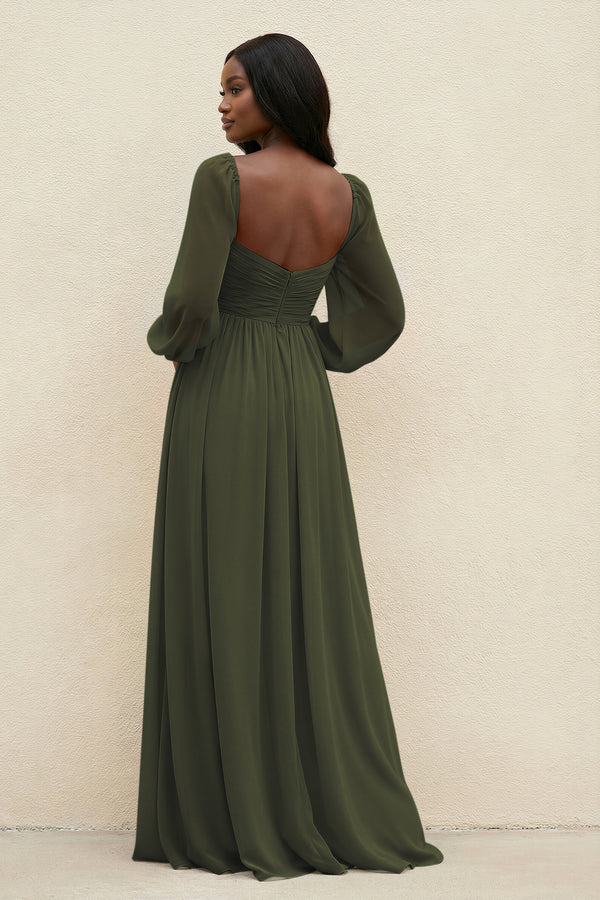 Sweetheart Long Sleeve A-Line Bridesmaid Dress in Olive (2) | KISSBRIDAL