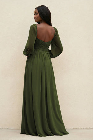 Sweetheart Long Sleeve A - Line Bridesmaid Dress in Olive - SHE IS ME Bridesmaid Dresses