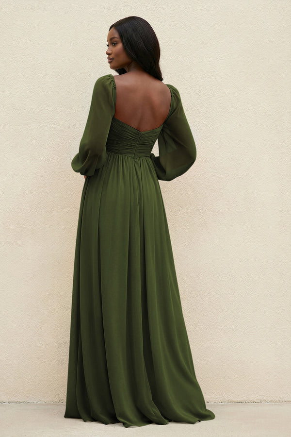 Sweetheart Long Sleeve A - Line Bridesmaid Dress in Olive - SHE IS ME Bridesmaid Dresses