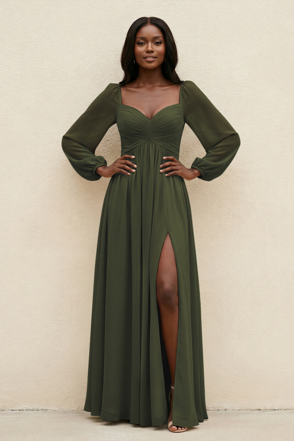 Sweetheart Long Sleeve A-Line Bridesmaid Dress in Olive
