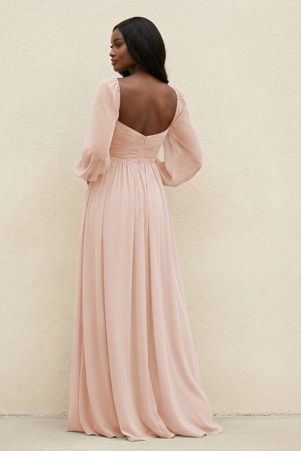 Sweetheart Long Sleeve A - Line Bridesmaid Dress in Pale Blush - SHE IS ME Bridesmaid Dresses